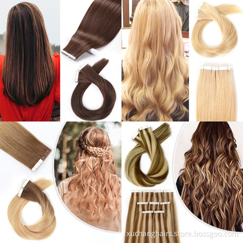Wholesale Double Drawn Cuticle Aligned virgin natural hair extension human Tape Russian 100% Remy Hair Extension tape in vendors